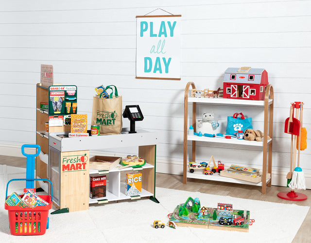 Une salle de jeux lumineuse remplie de jouets en bois colorés